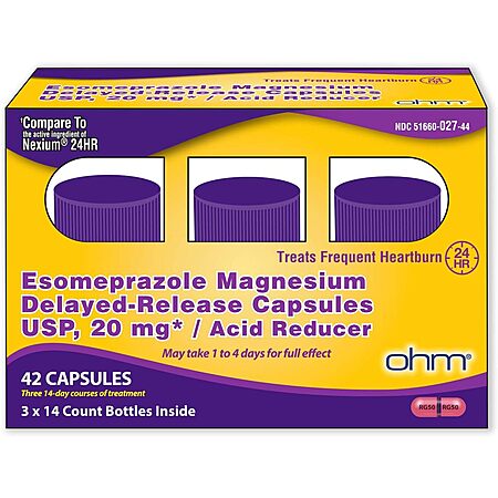 Ohm Esomeprazole Magnesium (generic NEXIUM) Delayed Release Capsules 20mg -  (18 Weeks of Supply, 42 x 3, Count Boxes) $14.52 or less ($4.84 ea) S&S/Clip Q/Multibuy AMZ