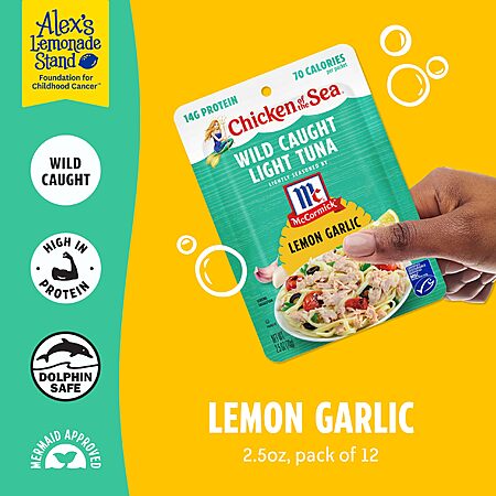 $8.37 or less S&S Chicken of the Sea Lightly Seasoned Lemon Garlic Wild Caught Light Tuna, 2.5 Ounce Packets, 12-Count