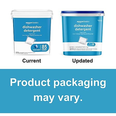 $11.30 or less S&S 35% off Q: Amazon Basics Dishwasher Detergent Pacs, Fresh Scent, Cuts Grease, Rinses Clean, Removes 24HR Dried-On Stains, 85 Count (Previously Solimo)