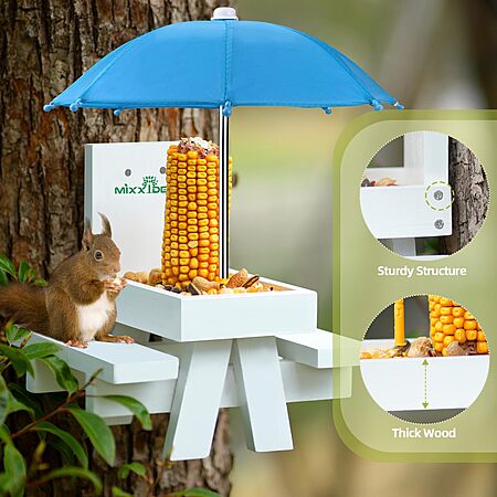 $9.74ac AMAZON FS PRIME Squirrel Feeder Table with Umbrella, Wooden Squirrel Picnic Table Feeder