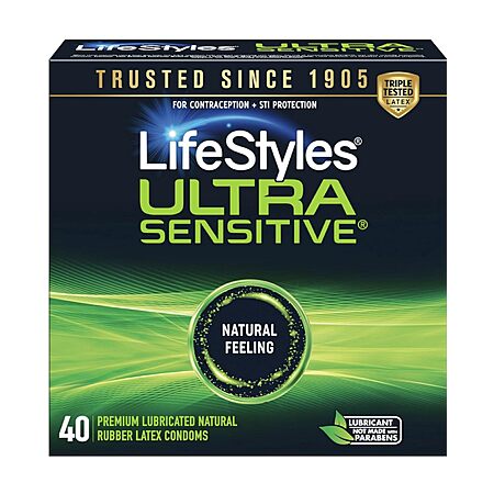 $9.44 S&S/Q LifeStyles Ultra Sensitive Natural Feeling Lubricated Latex Condoms, 40 Count