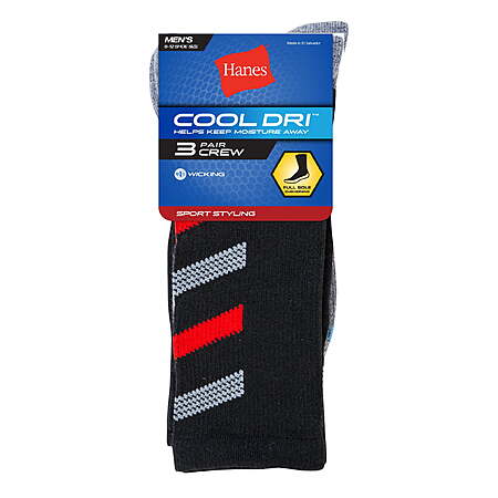 $5 FS Walmart+ or Pick Up Hanes Cool DRI Men's Crew Socks with Ventilation, 3-Pairs Black 6-12
