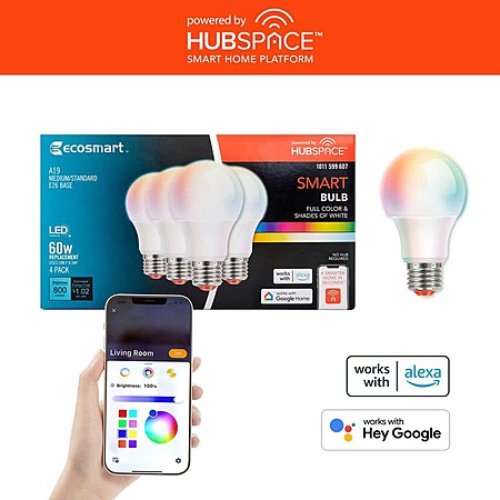 $19.98 Home Depot 60-Watt Equivalent Smart A19 E26 Base Color Changing CEC LED Light Bulb with Voice Control (4-Bulb)