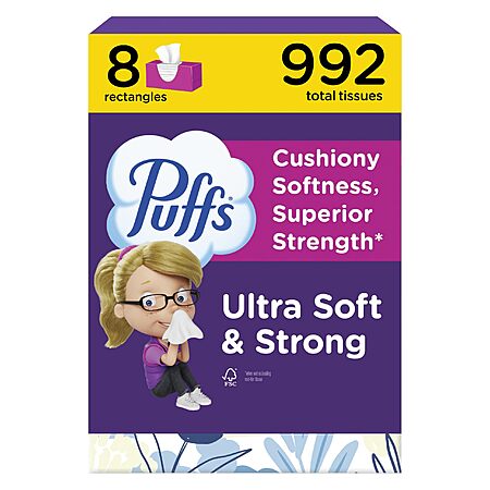 $9.55 or less S&S Clip Q Puffs Facial Tissue Ultra Soft Non-Lotion, 8 Rectangle Boxes, 124ct (992 total)