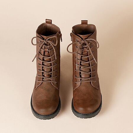 AMZ PRIME DEAL $29.16 Amazon Essentials Women's Lace-Up Combat Ankle Boots with Side Zipper, Lug Sole (BROWN)