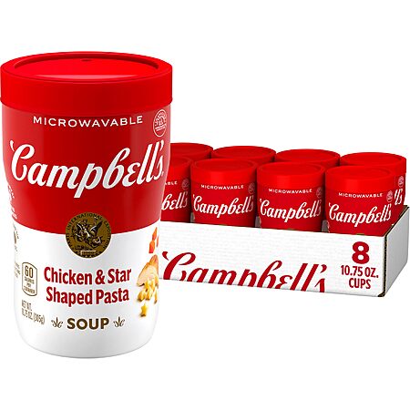 $11.65 to $11.87 S&S CLip Q Case of 8 Campbell’s Classic Tomato or Chicken Soup With Star-Shaped Pasta, 10.75 oz Microwavable Cup (8 Pack)