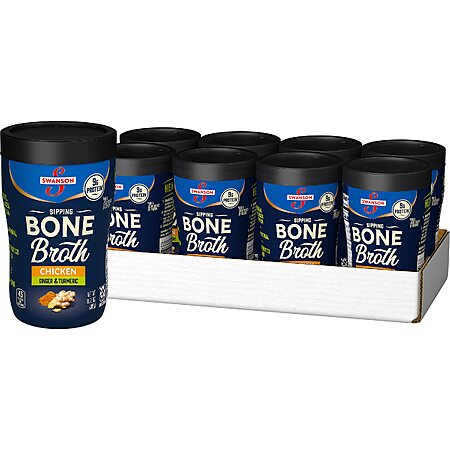 $11.95 or less S&S/Q Swanson Sipping Chicken Bone Broth With Ginger and Turmeric, 10.75 oz Microwavable Cup (Pack of 8) Limit 5 cases at price