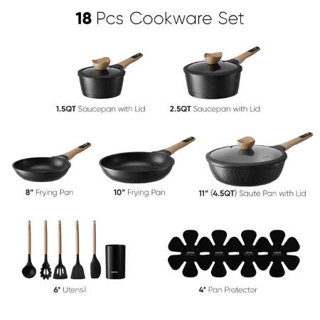 $64 FS WALMART by CAROTE Carote 18-Piece Nonstick Pots and Pans, Granite Cookware with permanent handles with Kitchen Utensils, Black