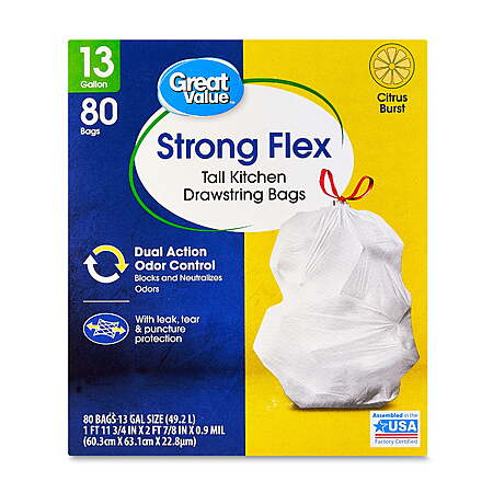 $10 Walmart Great Value Strong Flex 13-Gallon Drawstring Tall Kitchen Trash Bags, Citrus Burst, 80 Count