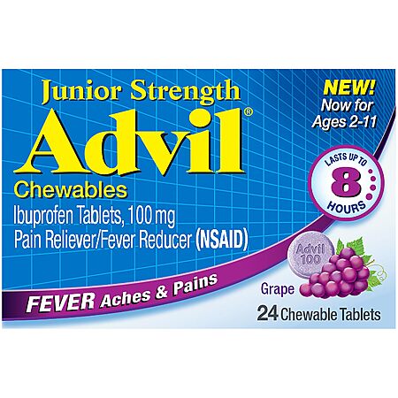 $12.77 or less S&S Clip Q PRIME ONLY: Advil Junior Chewable, Ibuprofen, Grape, 3 Pack 72 Tablets ages 2-11