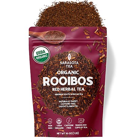 Organic Rooibos Tea 1 lb (16 Oz) – Organic South African Red Rooibos Loose Leaf Tea – Naturally Caffeine Free Herbal Tea – Bulk Resealable Bag