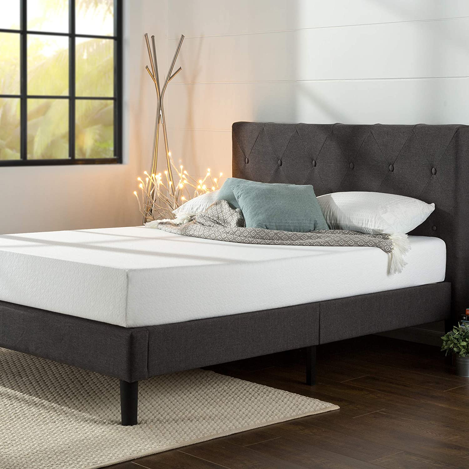 ZINUS Shalini Upholstered Platform Bed Frame / Mattress Foundation / Wood Slat Support / No Box Spring Needed / Easy Assembly, Dark Grey, Queen - $128.11