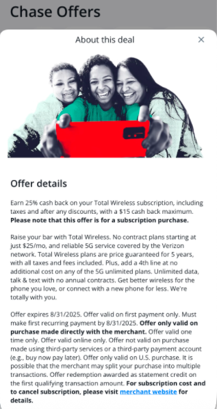 25% Off Total Wireless Subscription ($15 Max) with Chase CC Offer - YMMV