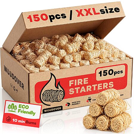 WOODOVER 150 pcs Large Fire Starters for Fireplace, Natural Fire Starter for Campfires, for Wood Stove, BBQ, Grill, Pizza Oven, Outdoor Fire Pit, Chimney Charcoal Starter