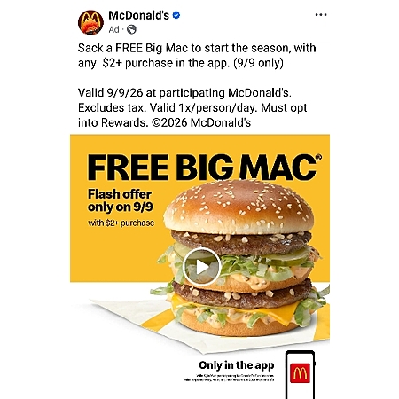 9/9 Only - Free Big Mac sandwich with $2 purchase (App deal)