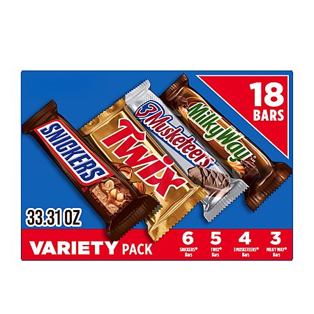 18 ct Full-Sized Bars SNICKERS, TWIX, 3 MUSKETEERS, MILKY WAY Full Size Back Bulk Candy Box [S&S] $13.07