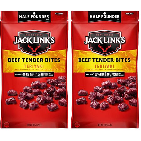 2ct Jack Link's Beef Jerky Tender Bites, Teriyaki, ½ Pounder | 10g of Protein | 70 Calories | Premium Beef | No Added MSG - 16 oz