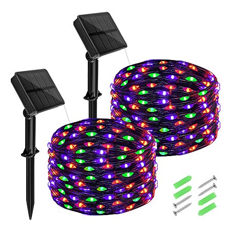 2 Pack cshare Halloween Solar Fairy Lights 16.4FT 50LED Each, Orange Purple Green Halloween Lights Waterproof Outdoor Black Wire String Lights