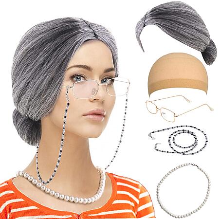 Feacole Old Lady Costume Set Grandma Madea Granny Wig Cosplay for Halloween Bun Gray