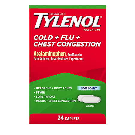 (Get $2 Walmart Cash) Tylenol Cold + Flu + Chest Congestion Caplets, Non-Drowsy, 24 Count
