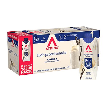 Select Accounts: Atkins Vanilla High Protein Shake, 15g Protein, 12 Count | 15g Protein, 3g Fiber, 1g Net Carb, 1g Sugar, $10.63 w/S&S