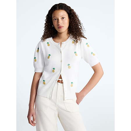 Free Assembly Women's and Women's Plus Beaded Cardigan Sweater with Short Puff Sleeves, Lightweight, Sizes S-L