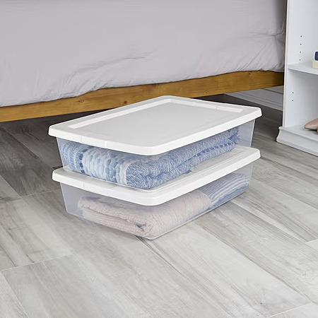 Sterilite Set of (2) 28 Quart Storage Bins, Clear Plastic Storage Bin with Snap-on Lid, White