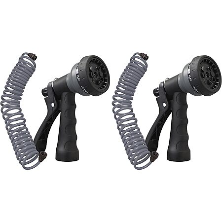 2-Pack Orbit 25' Coil Garden Hose with 8-Pattern Hose Nozzle (Gray) $14.40
