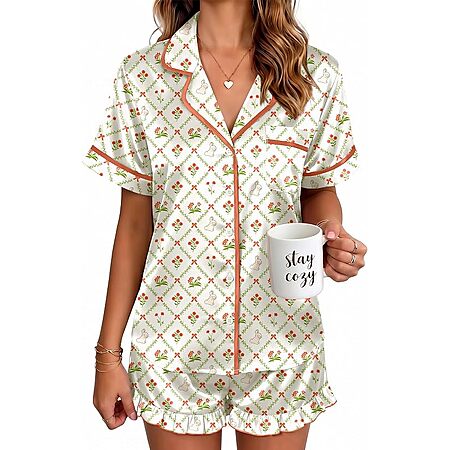 Ekouaer Women's Satin Ruffle Button-Up Short Pajama Set (various)