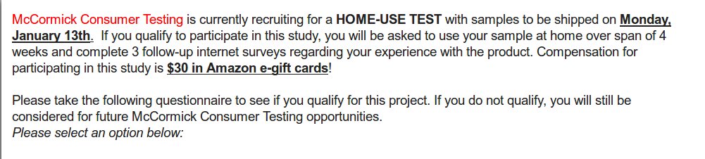 H/U:McCormick Consumer Testing Members - Check your email for a Home Use Test Opportunity - YMMV- Pays $30.00 Amazon Gift Card