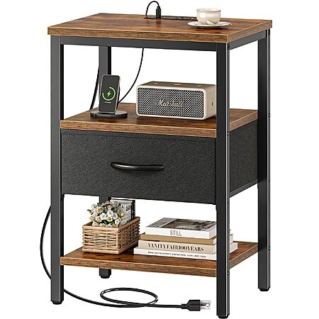 SUPERJARE Nightstand w/Charging Station, Bed Side Table w/Adjustable Fabric Drawer, Night Stand for Bedroom, Rustic Brown and Black $29.98