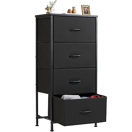 Amazon Prime Members: Sweetcrispy Nightstand Small Bedroom Dresser w/4 Fabric Drawers, Black $25.96