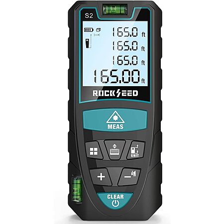 RockSeed Laser Measure 50M/165ft, Digital Laser Distance Meter w/2 Bubble Levels, Portable M/in/Ft Unit Switching Backlit LCD and Measuring Distance/Area/Volume/Pythagorean $15.99