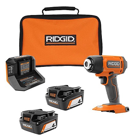 RIDGID 18V 4.0 Ah Battery (2-Pack) with Charger, Bag, and 18V Cordless Compact Heat Gun $149