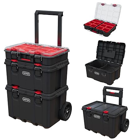 Keter Stack-n-Roll Modular Tools Organizer for Garage Storage and DIY, 3 Piece Resin Rolling Tool Box System for Small Parts, Black $99.99