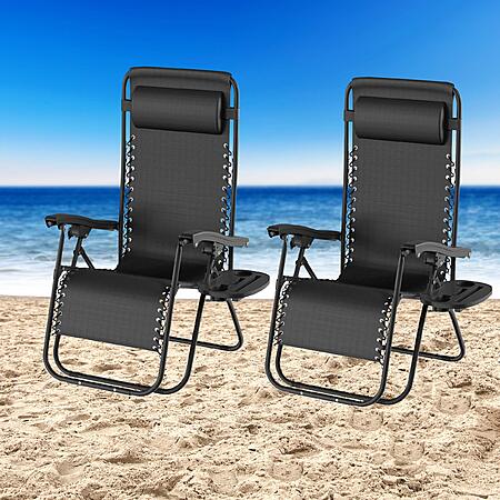 Lavish Home Set of 2 Zero-Gravity Chairs - Folding Patio Furniture - Outdoor Recliners with Side Table, Cup/Phone Holder, and Chair Pillow (Black) $20