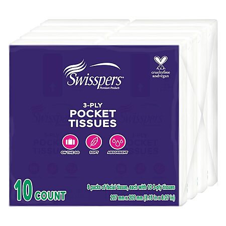 8-Pack 10-Count, Swisspers Pocket Tissues, 3-PlyTissue Pocket Packs - $1.36 w/S&S, (As Low As - $1.16) Amazon