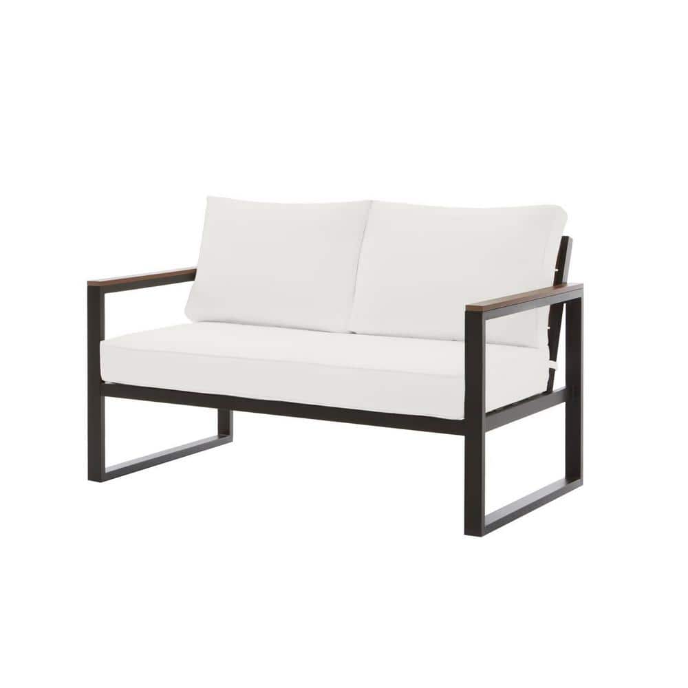 Hampton Bay West Park Black Aluminum Outdoor Patio Loveseat w CushionGuard White Cushions 174 More Free Shipping