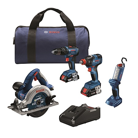 BOSCH 18V 4-Tool Kit w/ Impact + Hammer Drill / Driver, Circ Saw, Worklight, 2Ah & 4Ah Batteries $149 + Free Shipping