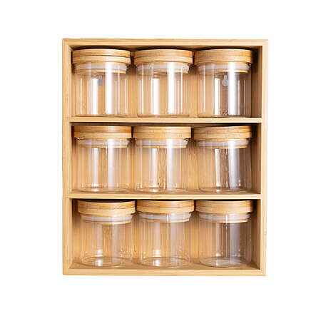 Better Homes & Gardens Bamboo Holder with 9 Bamboo Swivel Lid Glass Spice Jars $19.50 