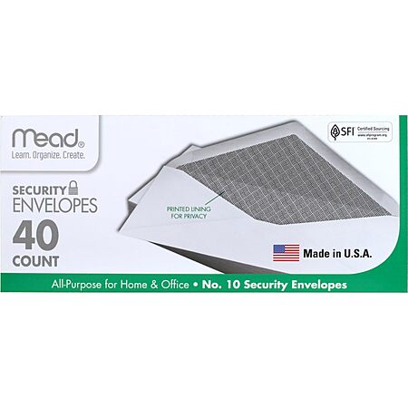 40-Count Mead #10 All-Purpose Security Printed Lining Envelopes for Home/Office $1.10 