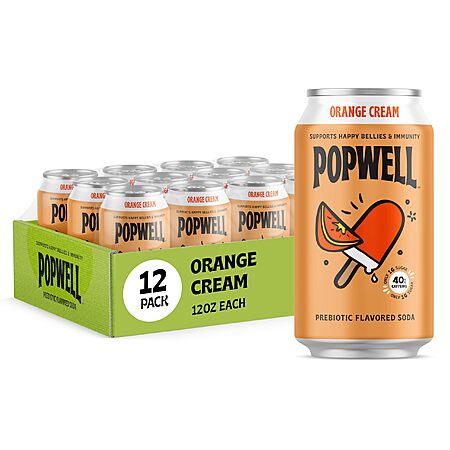 12-Pack 12-Oz Popwell Caffeinated Better-For-You Prebiotic Soda (Orange Cream) $10.45 w/ S&S & More + Free Shipping w/ Prime or on $35+