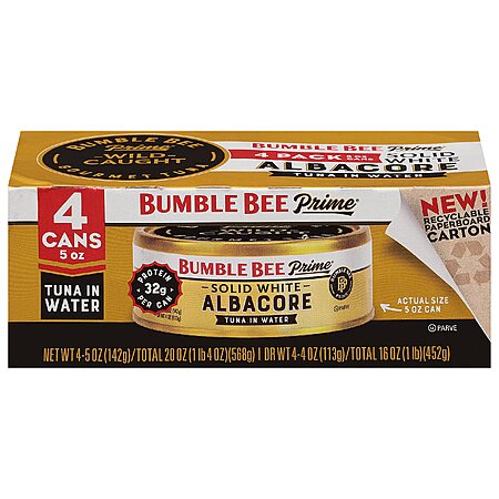 4-Pack 5-Oz Bumble Bee Prime Solid White Albacore Tuna in Water $5.37 w/ S&S + Free Shipping w/ Prime or on $35+