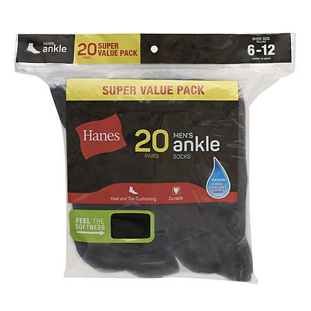 20-Pack Hanes Men's Lightweight Comfort Super Value Ankle Socks (Black) $9.74 & More + Free S&H w/ Walmart+ or on $35+