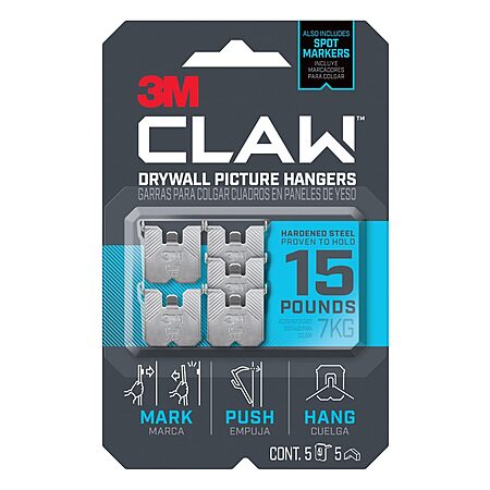 5-Pack 15 lb. 3M Claw Drywall Picture Hanger w/ Spot Markers $5.29 ...