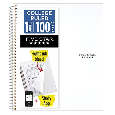 Five Star 1-Subject College Ruled Spiral Notebook (White, 100 Sheets) $2 