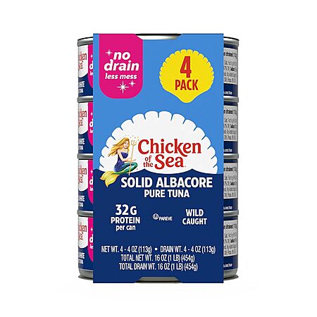 Select Accts: 4-Pk 4-Oz Chicken of the Sea Wild Caught Albacore Tuna Cans $4.20 w/ S&S