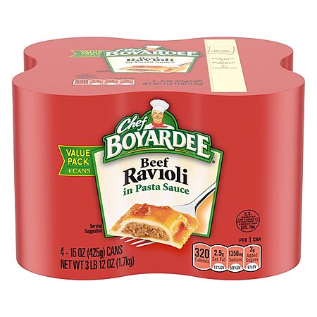 Select Accts: 4-Pk 15-Oz Chef Boyardee Beef Ravioli in Pasta Sauce $3 w/ S&S