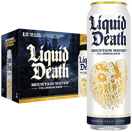 12-Pack 19.2-Oz King Size Liquid Death Still Mountain Water $11.21 w/ S&S + Free Shipping w/ Prime or on $35+