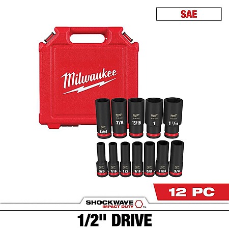12-Piece Milwaukee SHOCKWAVE 1/2" Drive SAE Deep Well 6 Point Impact Socket Set $58 + Free Shipping